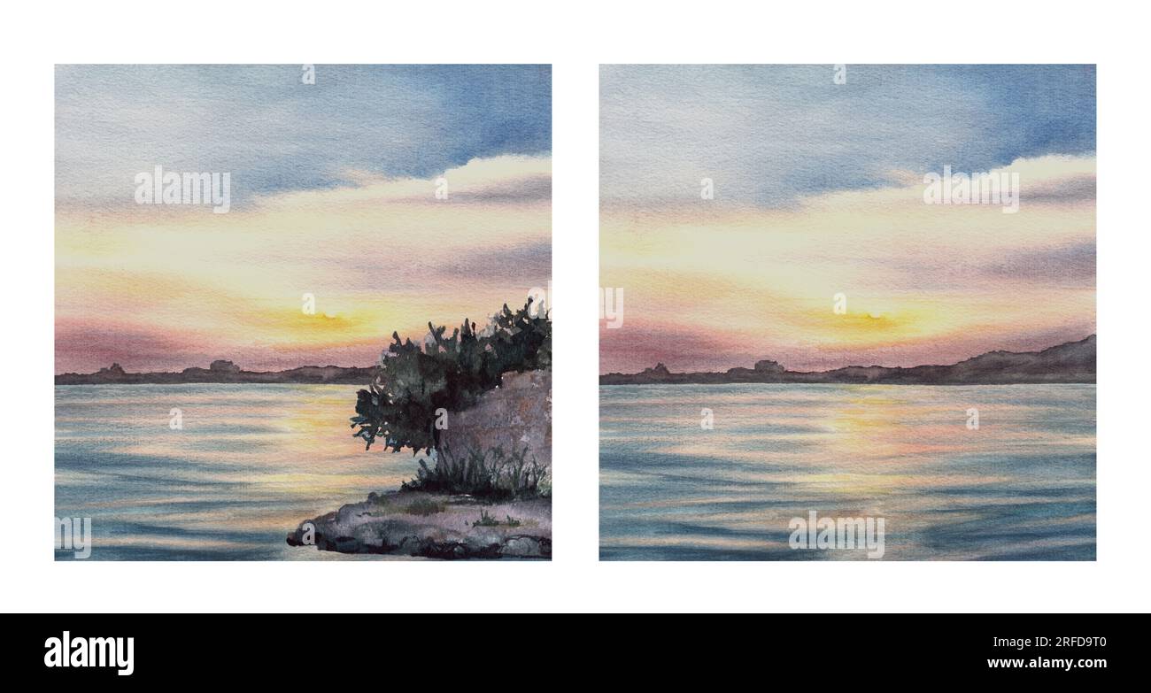 Aquarell Landschaftsbild Handgemalt Sonnenuntergang im Hintergrund auf dem Meer, Pier, Wand und Baum Stockfoto