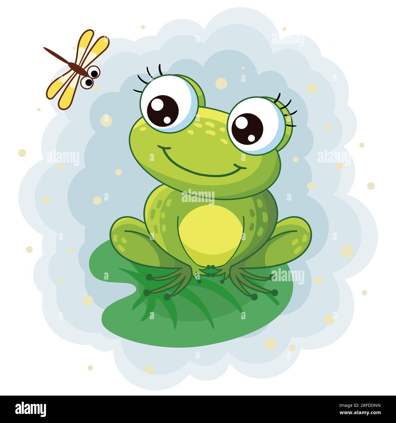 Ein Frosch sitzt auf weißem Hintergrund. Isolierte Illustration mit Libelle und Frosch im Cartoon-Stil. Stock Vektor