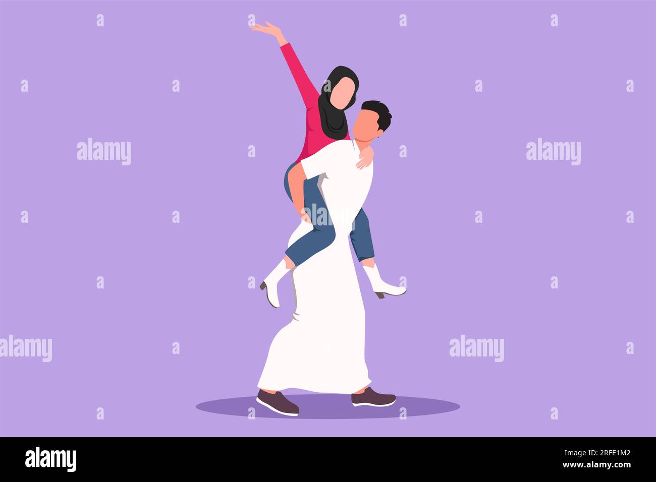 Cartoon-Figur, die ein Teenager-Paar mit einem Mann zeichnet, der während  des Musikfestivals eine Frau auf dem Rücken trägt. Ein romantisches  arabisches Paar, das verliebt ist. Glücklicher Kerl und glückliches Mädchen  Stockfotografie 