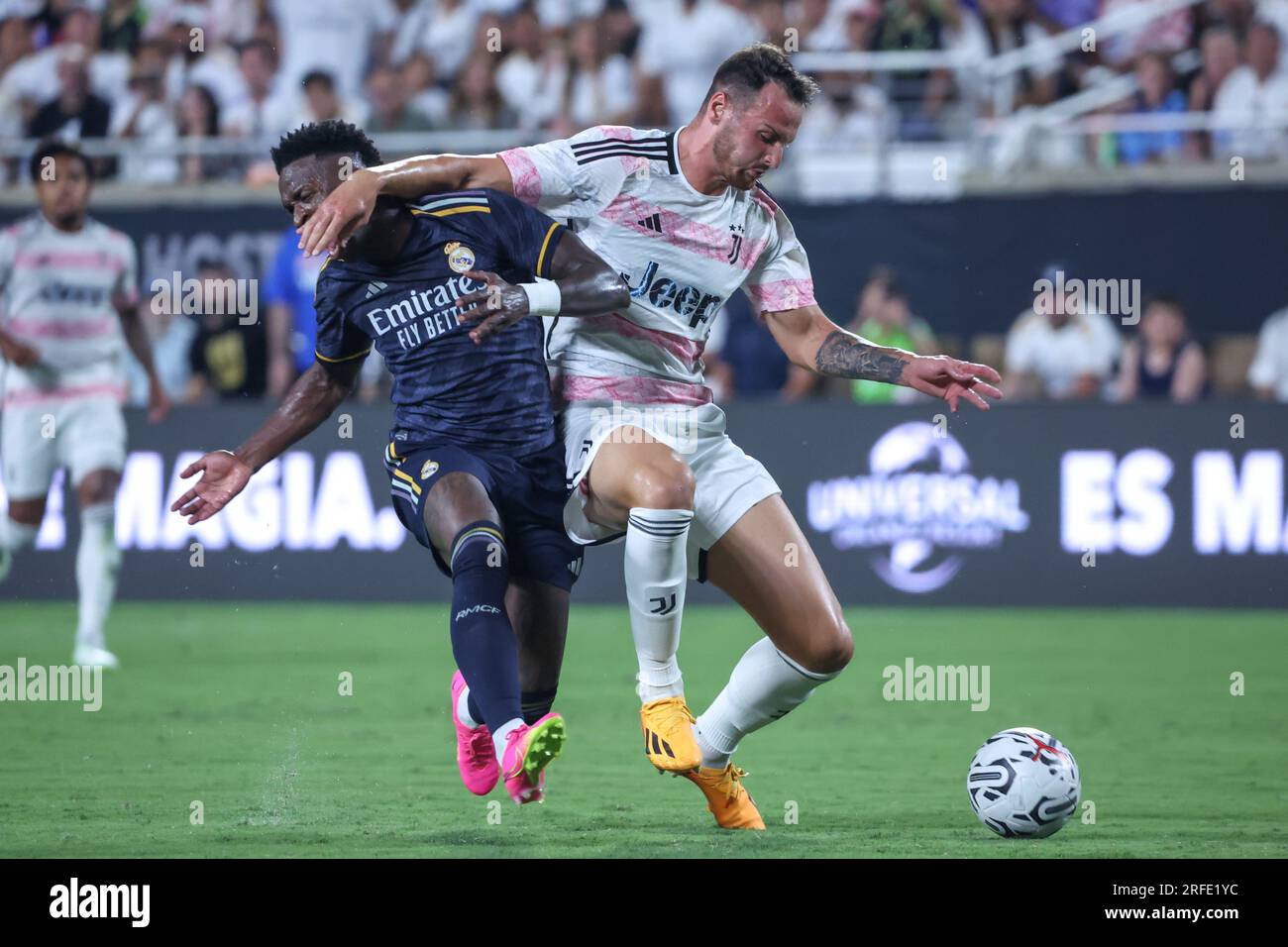 USA diesen Mittwoch, den 2. August. Federico Gatti von Juventus und Vini Jr. Real Madrid, internationales Freundschaftsspiel im Camping World Stadium in der Stadt Orlando in den USA, diesen Mittwoch, den 2. August. Kredit: Brasilien Photo Press/Alamy Live News Stockfoto