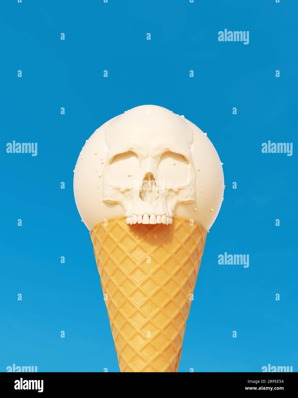 Eiskonus Vanille weiße Schokolade Schädel Kugel Kugel blauer Sommerhimmel Hintergrund 3D-Darstellung Rendern digital Stockfoto
