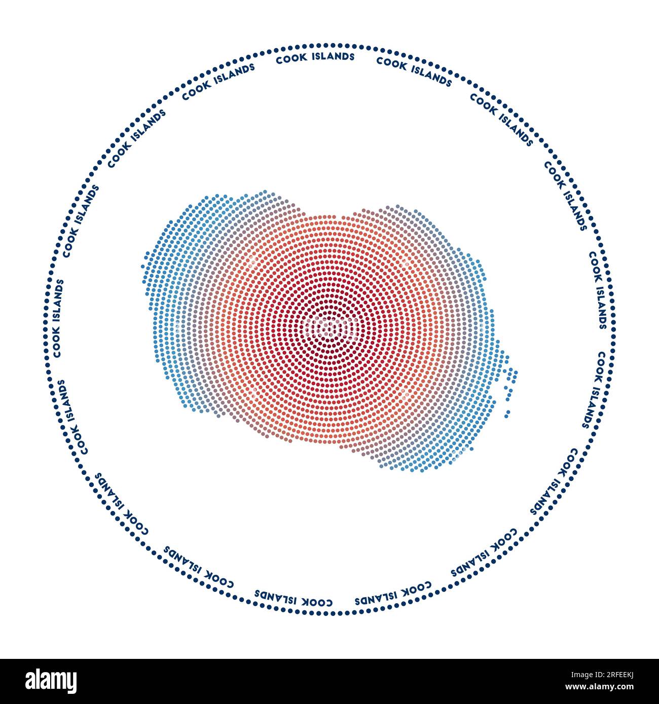 Rundes Logo der Cookinseln. Digitale Form der Cookinseln in gepunktetem Kreis mit Inselname. Technisches Symbol der Insel mit abgestuften Punkten. Erstaunlich Stock Vektor