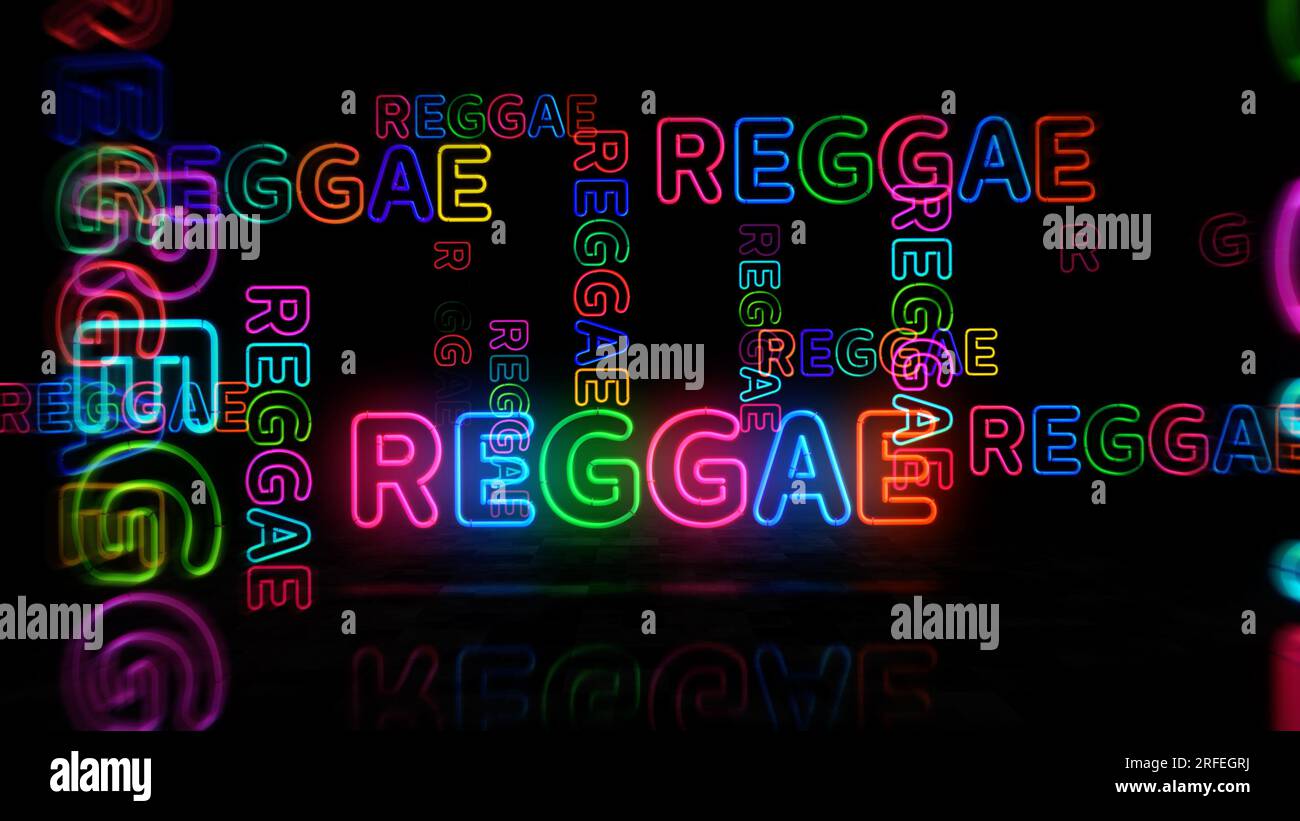 Reggae-Neonsymbol. Freiheit jamaika Kultur Lampen im Retro-Stil. Abstrakte Darstellung des Konzepts 3D. Stockfoto