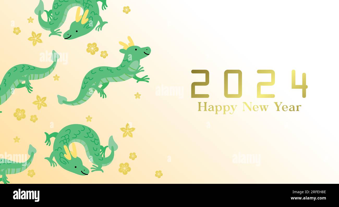 Banner "Jahr des Drachen" mit Pflaumenblüten-Hintergrund. Chinesische Neujahrskarte 2024 mit fliegenden grünen Drachen, Frühlingsblumen. Stock Vektor