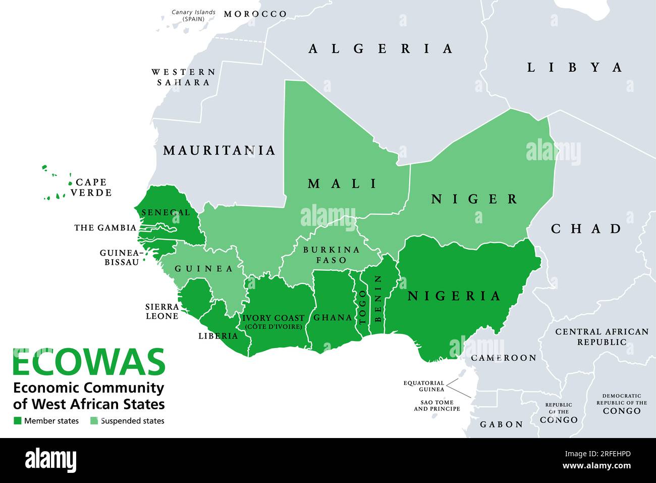 ECOWAS, Wirtschaftsgemeinschaft der westafrikanischen Staaten, Mitgliedstaaten, politische Karte. CEDEAO ist eine regionale politische und wirtschaftliche Union. Stockfoto