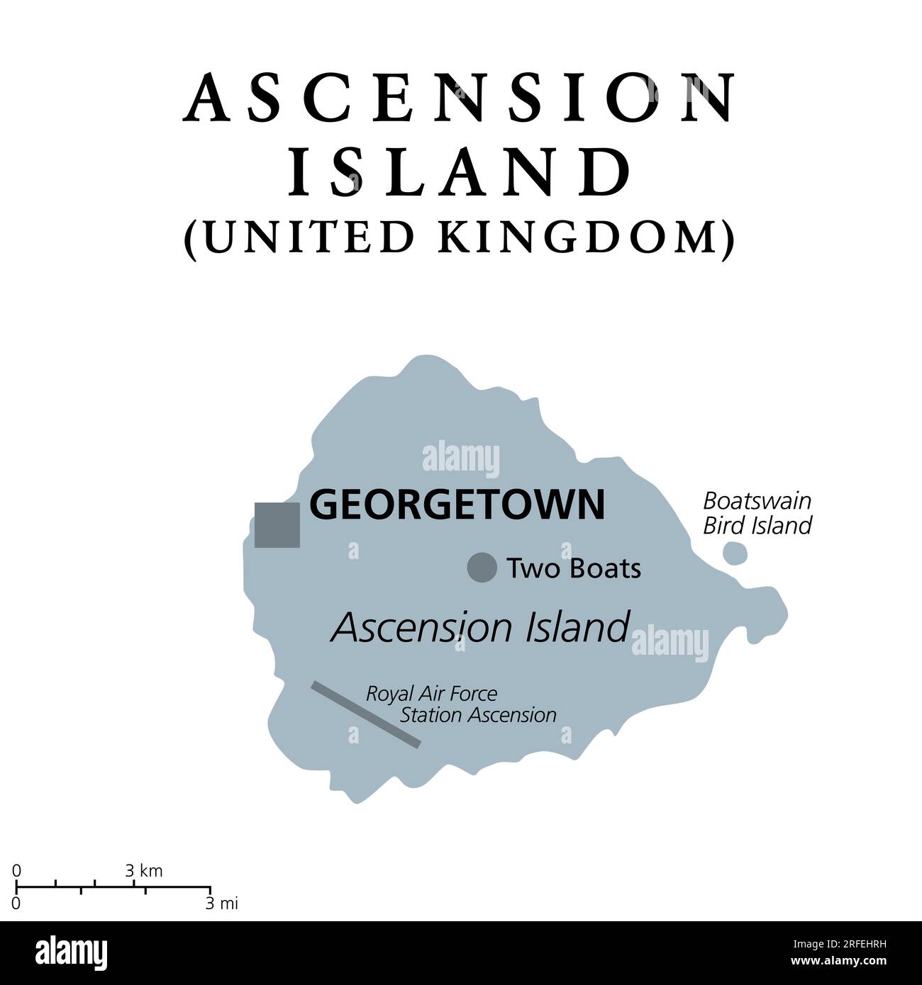 Ascension Island, graue politische Karte. Tropische Insel und britisches Überseegebiet im Südatlantik, mit Hauptstadt Georgetown. Stockfoto