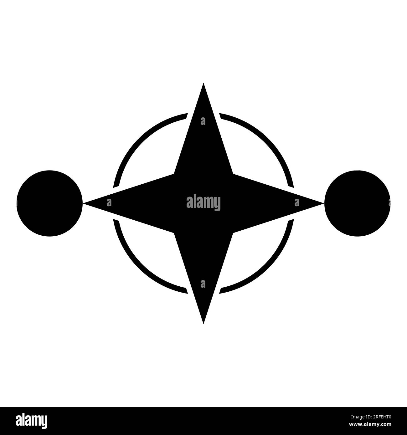 Der Kompass stieg in einem Ring mit Kreisen. Vierzackiger Stern mit Rahmen und einem Kreis auf der linken und einem auf der rechten Seite. Kreismuster beschneiden. Stockfoto