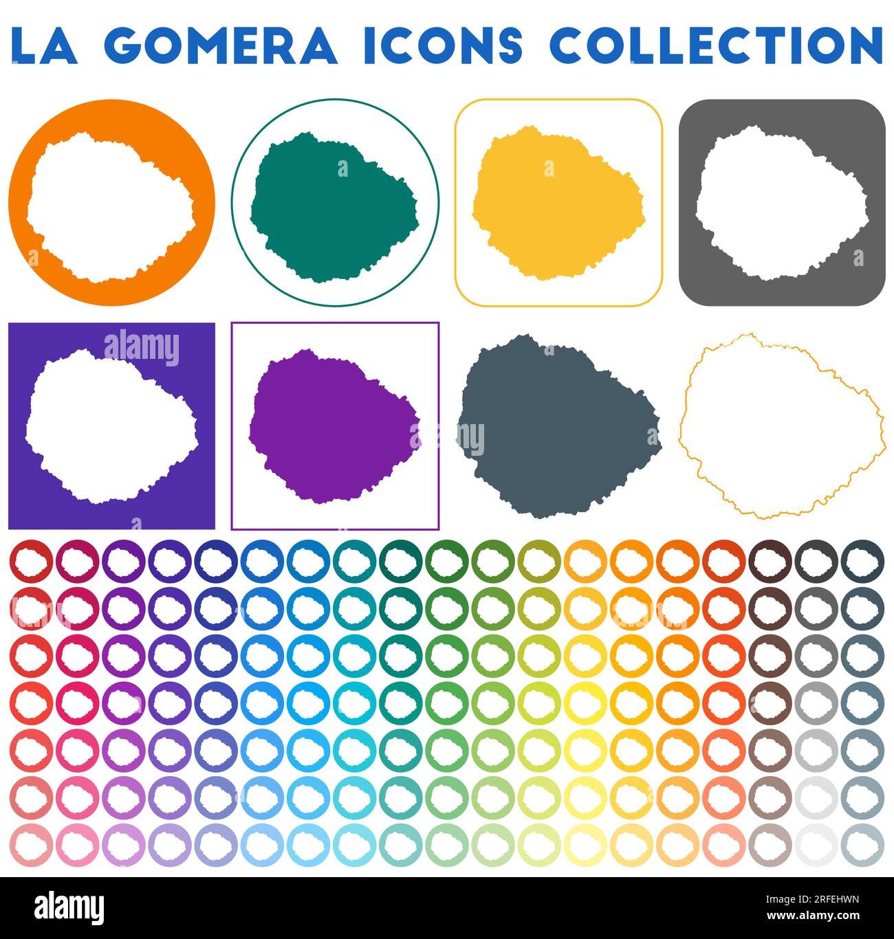 La Gomera Icons Kollektion. Bunte, trendige Kartensymbole. Modernes La Gomera-Abzeichen mit Inselkarte. Vektordarstellung. Stock Vektor