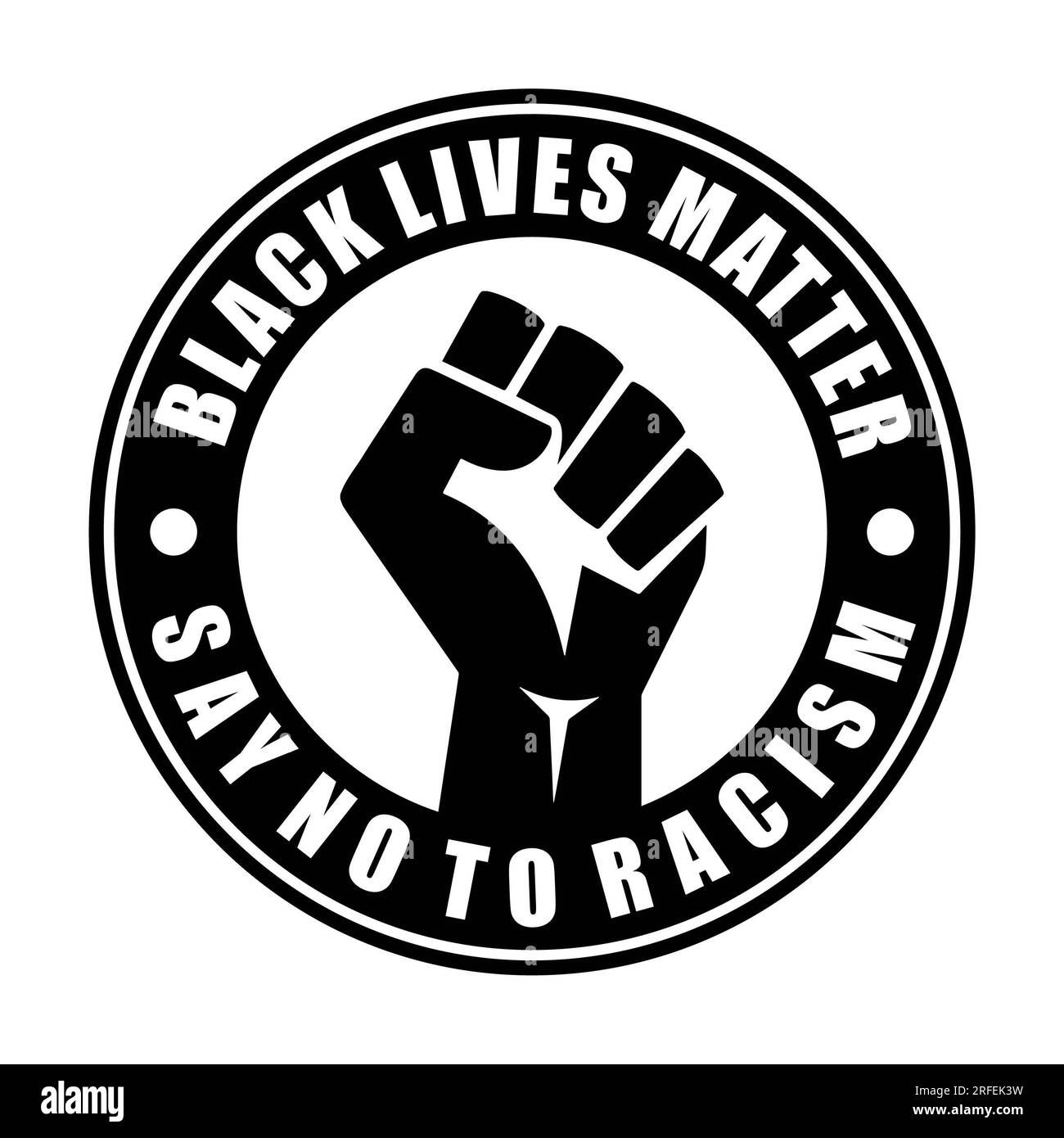Schwarze Leben sind wichtig, sagen Sie nein zu Rassismus mit erhobener Faust auf weißem Hintergrund. Isolierte Darstellung. Stockfoto