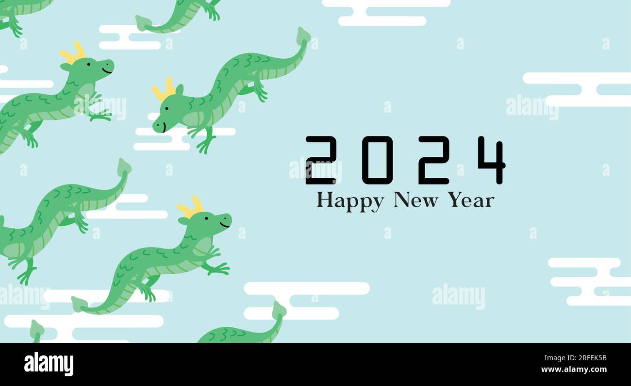Fliegende chinesische Drachen Neujahr 2024 Karte. Mondneujahr Grußkarte für das Jahr des Drachen am Himmel mit verblüffenden Wolken. Stock Vektor