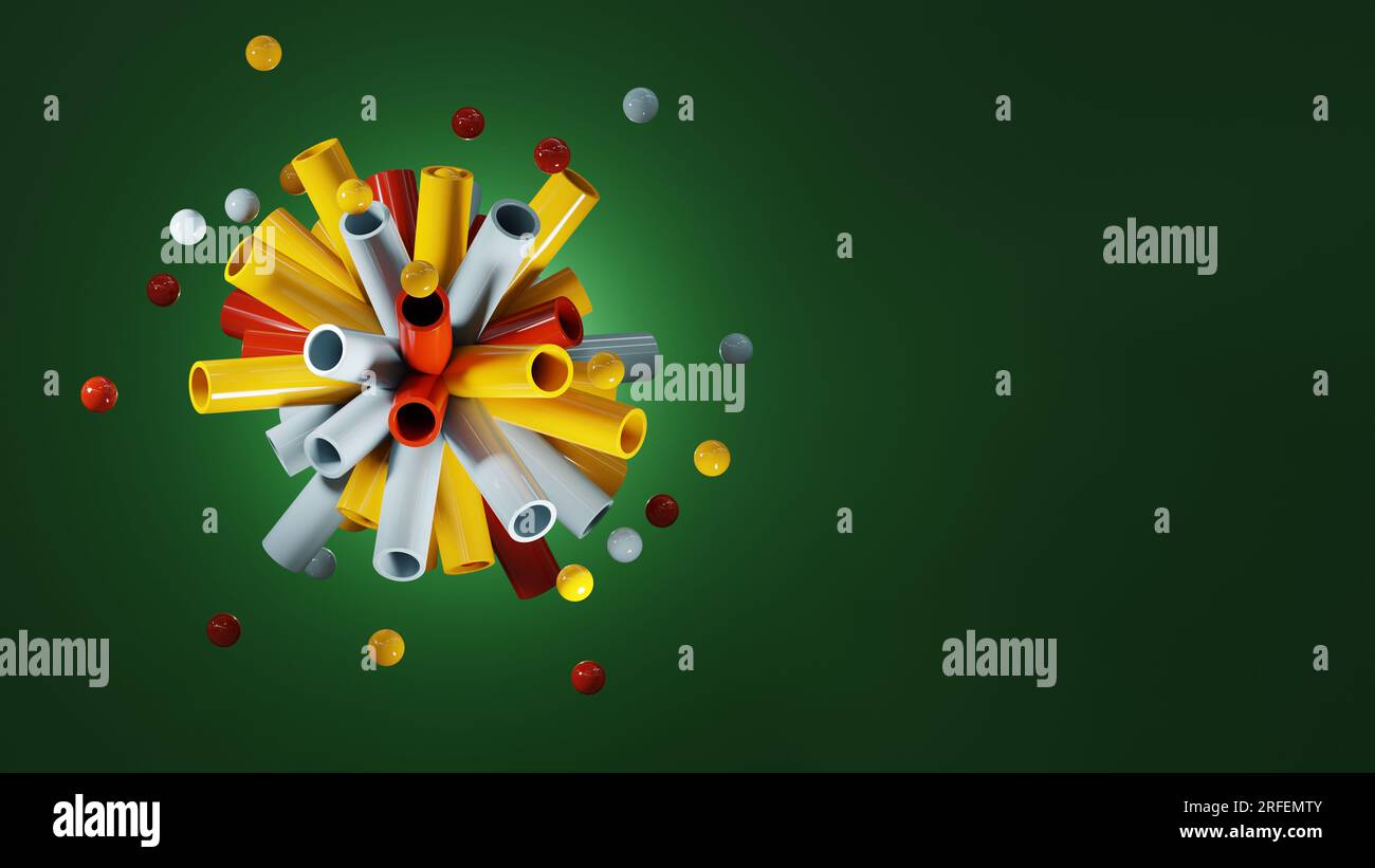 Abstrakter Hintergrund mit hellen Farben. Eine Mischung aus Luftballons und Rohren, die auseinander fliegen, eine süße und bunte Weihnachtskarte. 3D-Rendering. Stockfoto