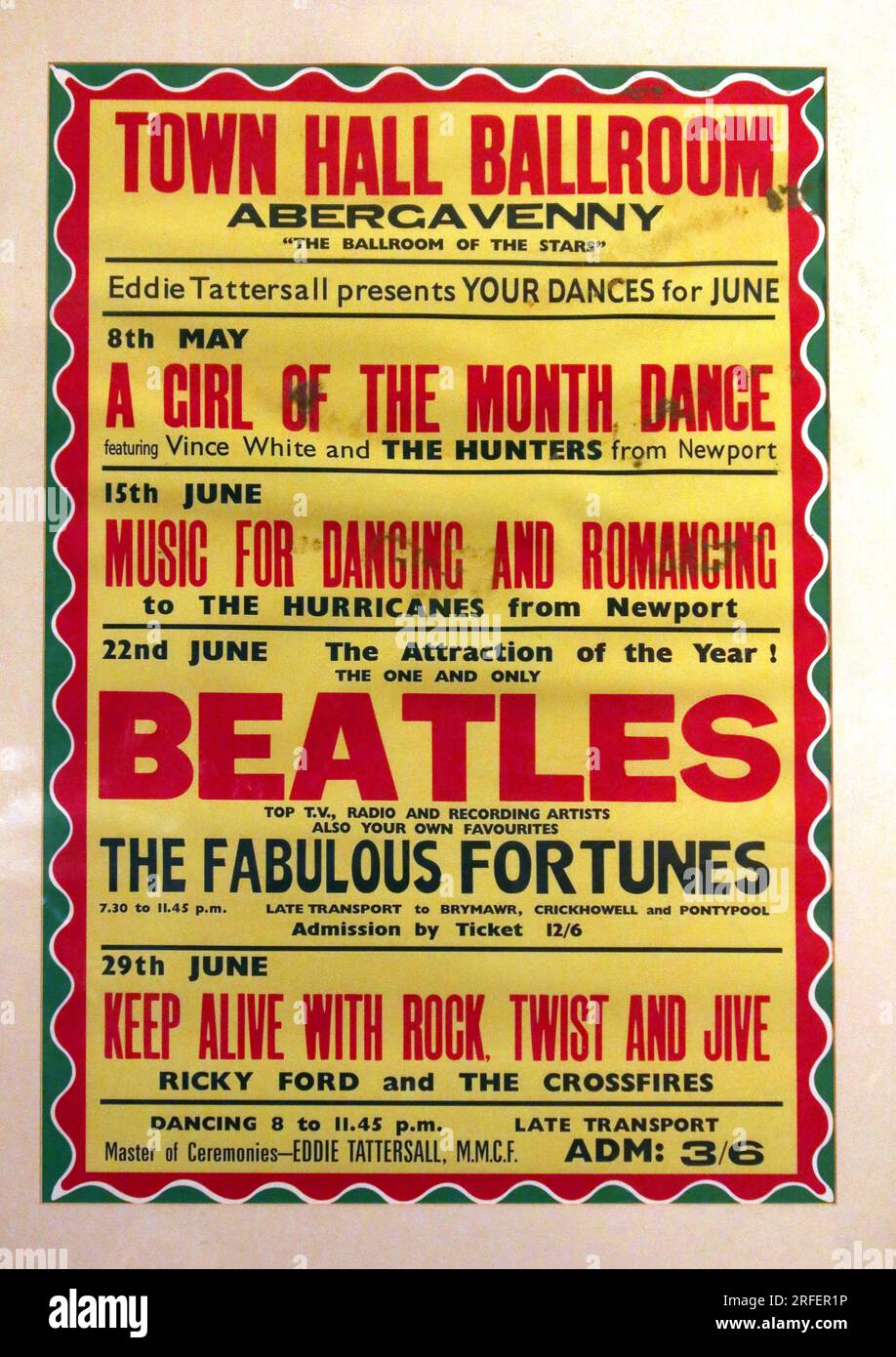 Poster vom Abergavenny Town Hall Ballroom Mai/Juni 1963 - 22. Juni The Beatles, Fabulous Fortunes, Ricky Ford und The Crossfire, Wales, Großbritannien Stockfoto