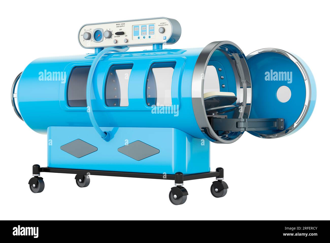 Blaue Überdruckkammer, 3D-Rendering auf weißem Hintergrund isoliert Stockfoto