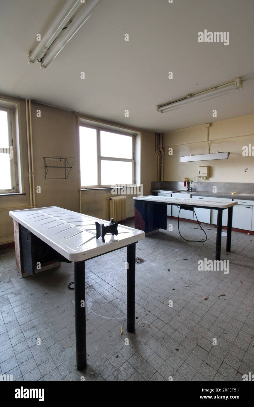 Die Obduktionstische. PARIS, FRANKREICH: IN dieser verlassenen Leichenhalle wurden MENSCHLICHE KNOCHEN und Organe gefunden, die verrotten mussten. Ein Bild zeigt einen Haufen winziger Fragmente von Stockfoto