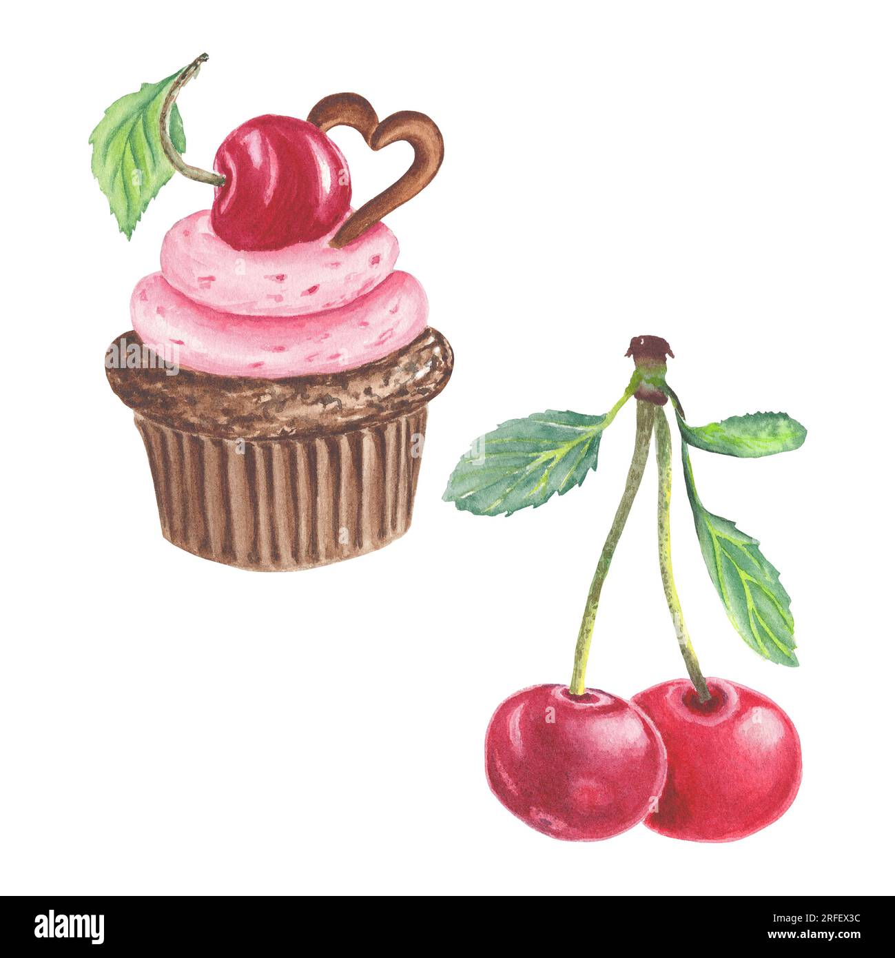 Cherry Aquarell Clipart, Kirschkuchen isoliert auf weißem Hintergrund, Obst. Element Aquarell und grafische botanische Illustrationen für Kunstdesign Stockfoto