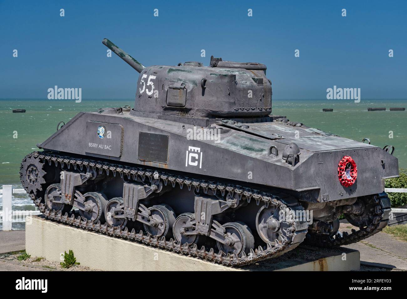 Frankreich, Calvados, Arromanches les Bains, Gold Beach, Sherman Tank Stockfoto