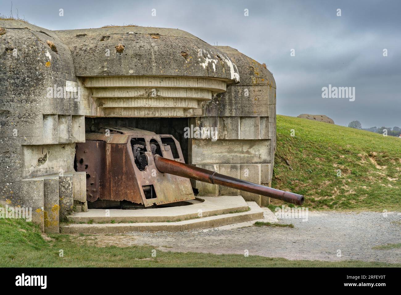 Frankreich, Calvados, Longues sur Mer, das Waffenlager der Atlantischen Mauer, Marinekanonen mit einer Länge von 150 mm Stockfoto