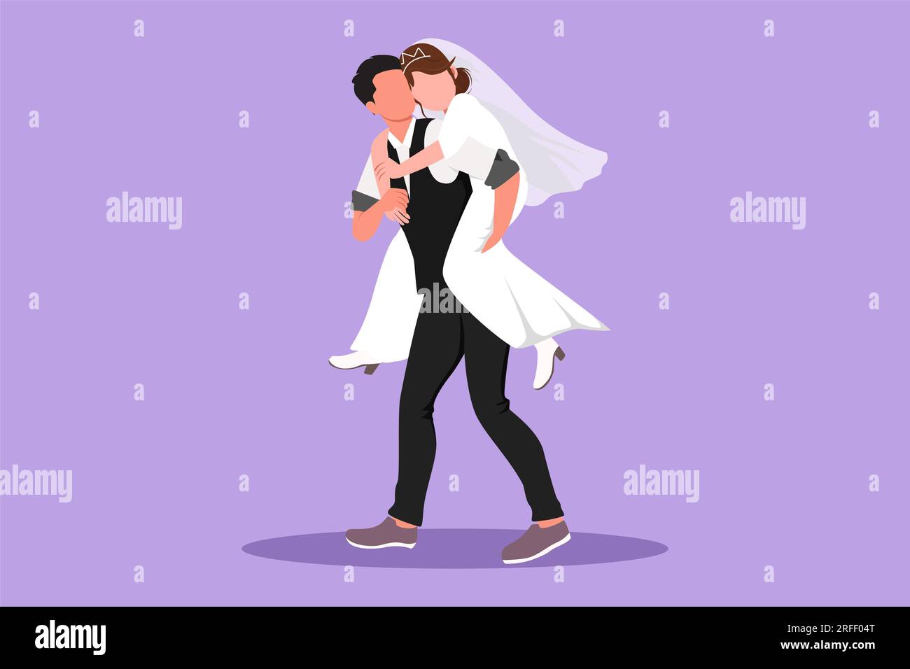 Grafisches flaches Design Zeichnung Ehemann trägt seine Frau auf dem Rücken. Romantisches Paar mit Hochzeitskleid. Beziehungskonzept in der Unterstützung und Hilfe Stockfoto