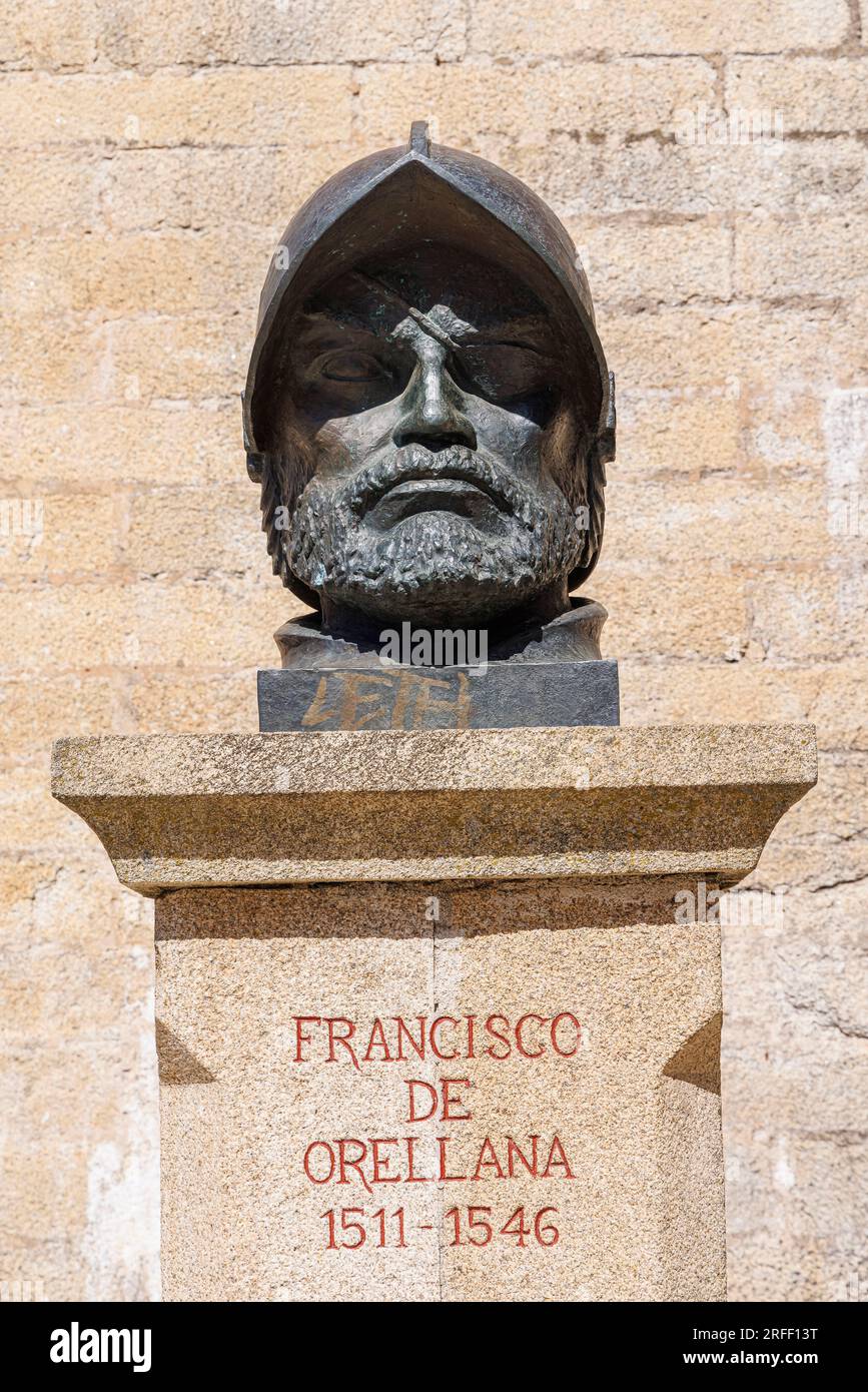 Spanien, Extremadura, Trujillo, Skulptur des Oberhauptes von Francisco de Orellana Stockfoto