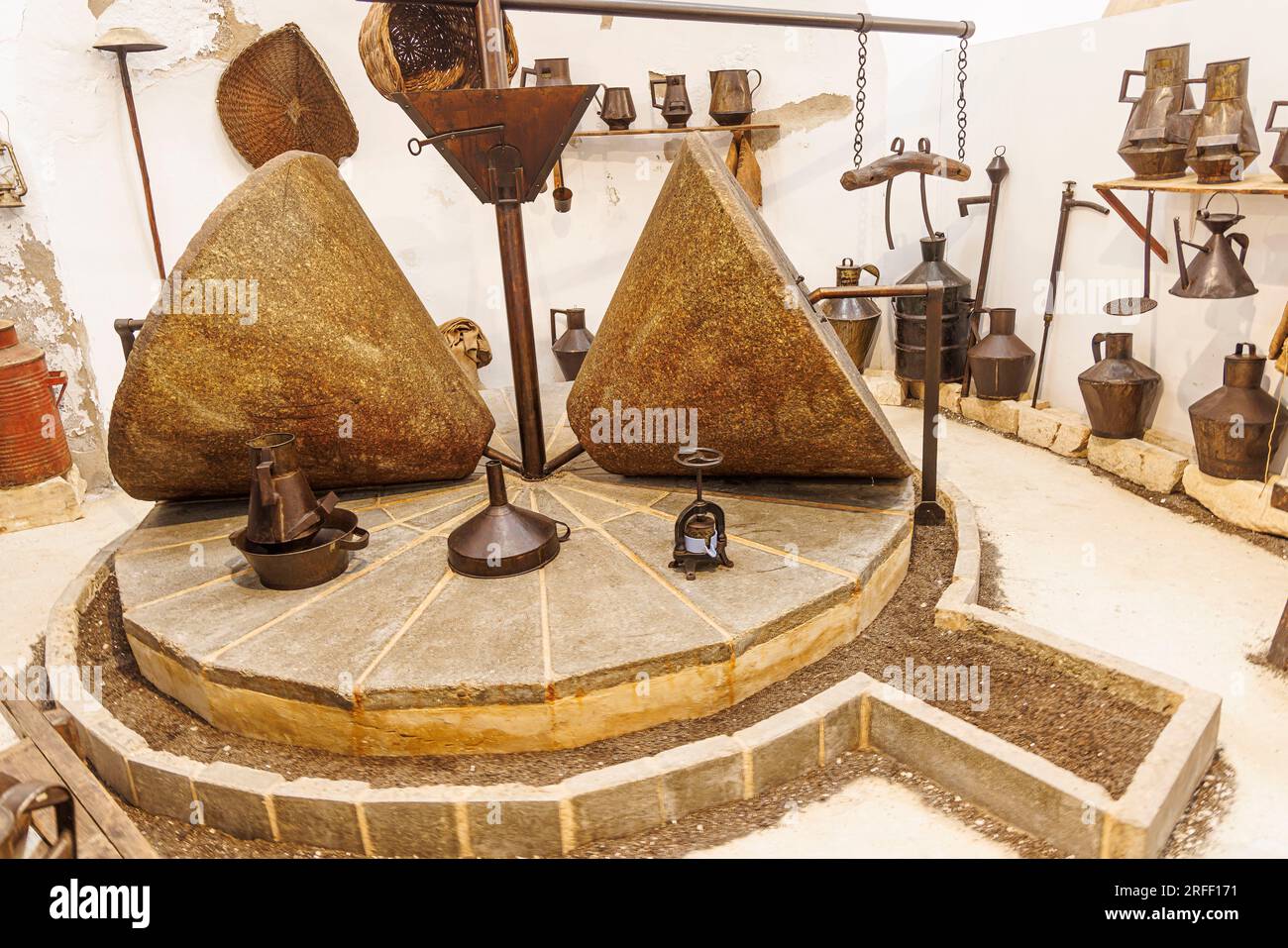 Spanien, Extremadura, Olivenza, ethnographisches Museum, Ölmühlen-Rekonstitution Stockfoto
