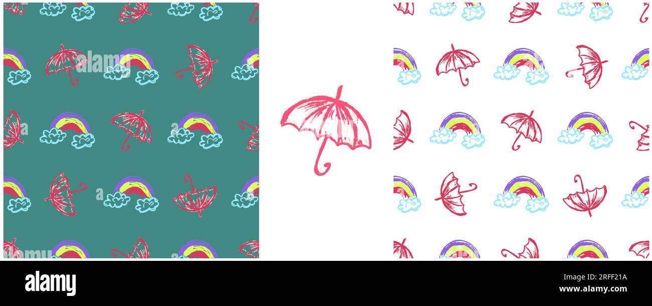Regenschirme mit nahtlosem Muster. Zeichensätze mit Wachsstiften. Regenbogen. Druck für Stoffdesign, Textil, Stoff Stock Vektor