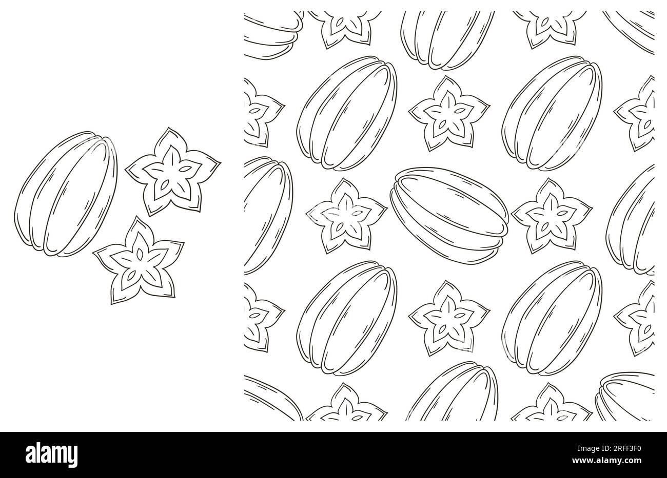 Karambola, Sternenfrucht. Farbmuster mit tropischen Früchten. Mit Handzeichen. Kann für Stoff und usw. verwendet werden Stock Vektor