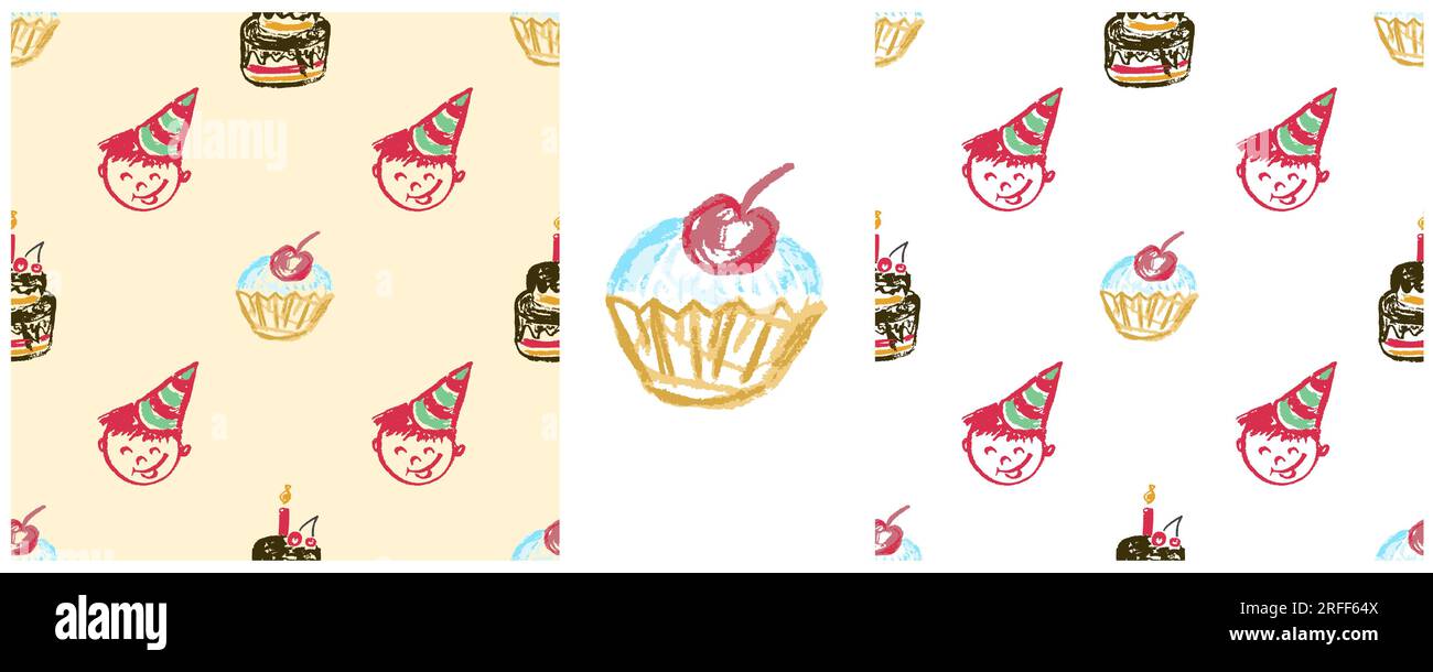 Festliches, nahtloses Muster. Zeichensätze mit Wachsstiften. Geburtstag, Feiertag. Druck für Stoffdesign, Textil, Stoff, Tapete, Verpackung Stock Vektor