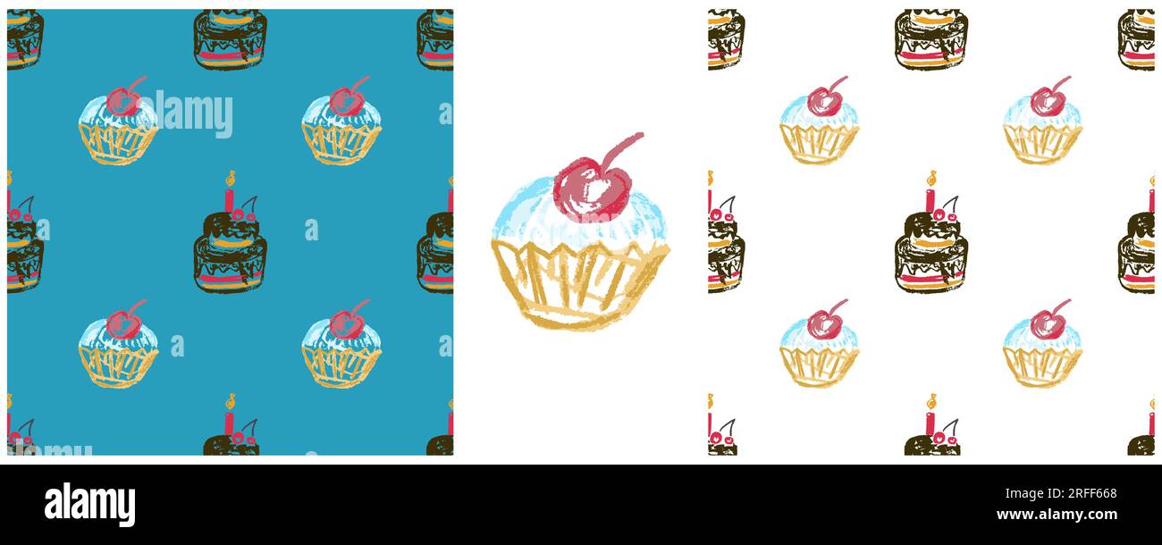 Festliches, nahtloses Muster. Zeichensätze mit Wachsstiften. Geburtstag, Feiertag. Druck für Stoffdesign, Textil, Stoff, Tapete Stock Vektor