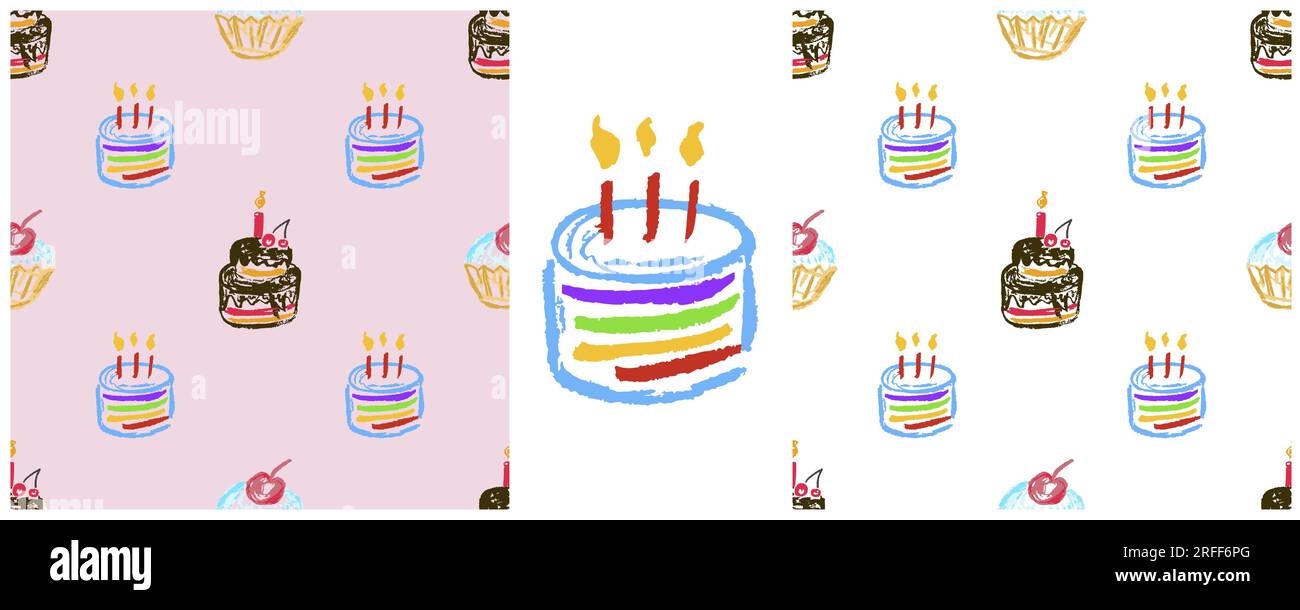 Festliches, nahtloses Muster. Zeichensätze mit Wachsstiften. Geburtstag, Feiertag. Druck für Textildesign, Textil, Stoff, Tapete, Geschenkpapier Stock Vektor