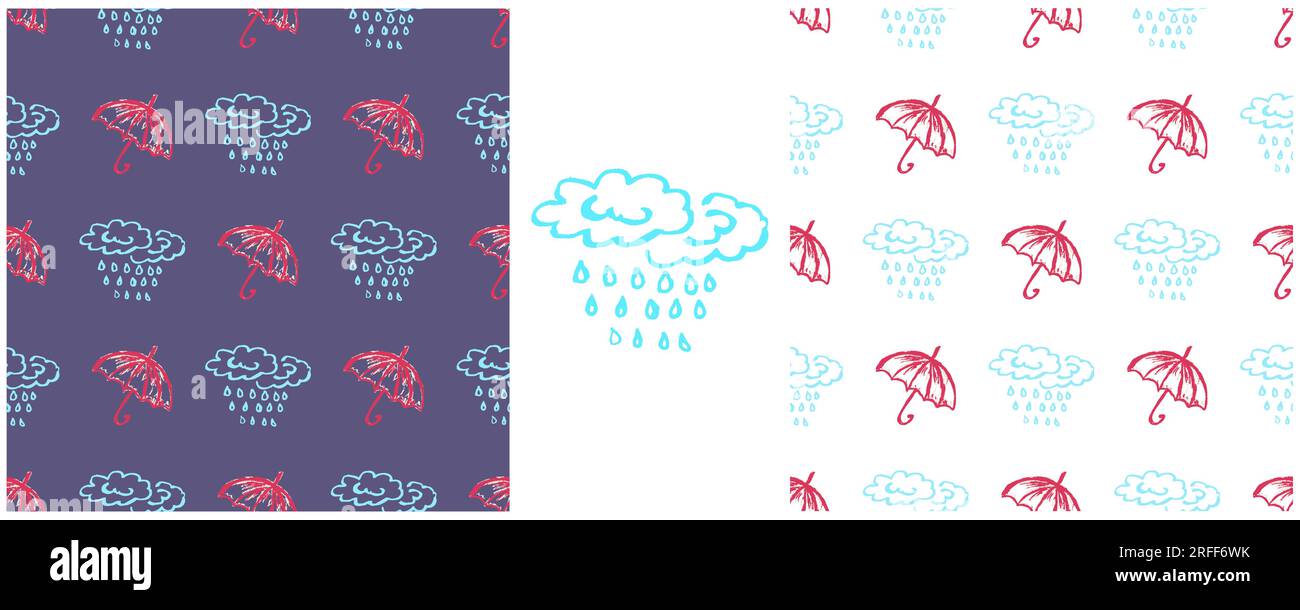 Regenschirme mit nahtlosem Muster. Zeichensätze mit Wachsstiften. Wolken, Regen. Druck für Stoffdesign, Textil, Stoff Stock Vektor