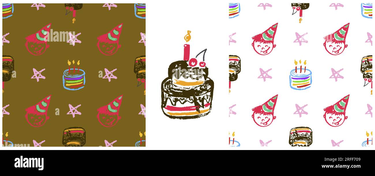 Festliches, nahtloses Muster. Zeichensätze mit Wachsstiften. Geburtstag Stock Vektor