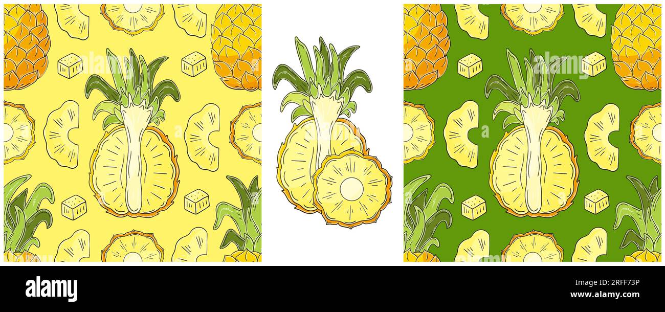 Nahtloses Muster mit tropischen Früchten. Ananas. Mit Handzeichen. Farbverpackung usw. Stock Vektor