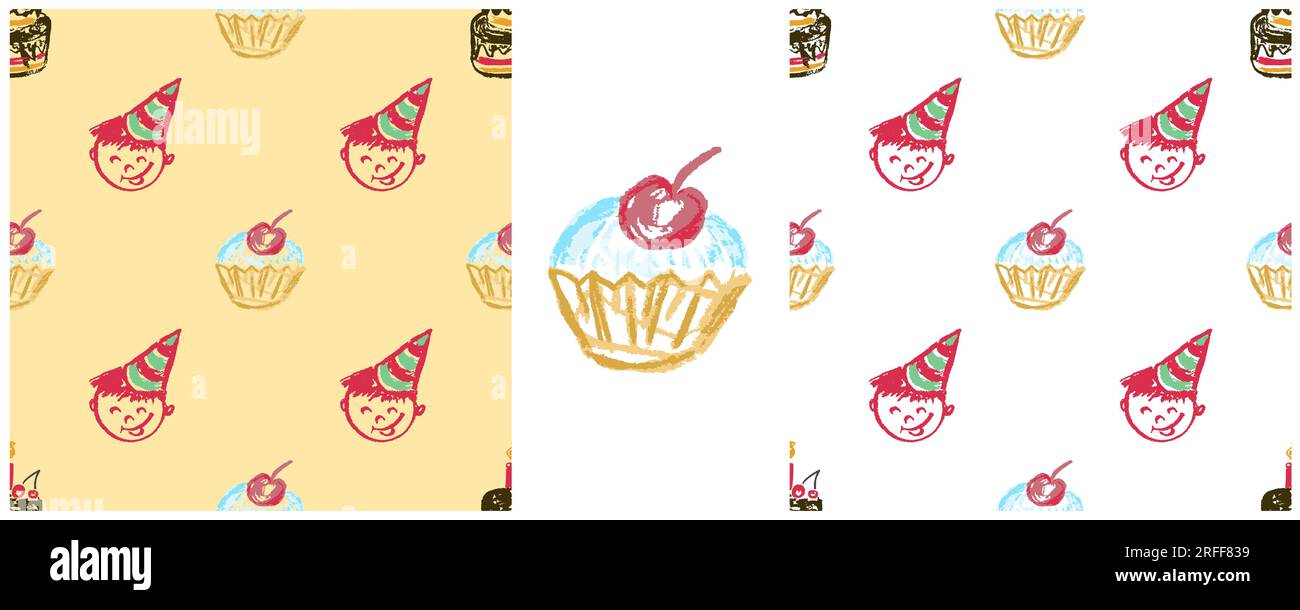 Festliches, nahtloses Muster. Geburtstag, Feiertag. Zeichensätze mit Wachsstiften. Druck für Textildesign, Textil, Stoff, Tapete, Geschenkpapier Stock Vektor