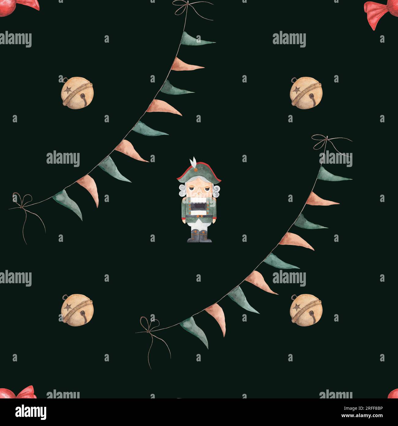 Wasserfarbener weihnachtlicher Nussknacker mit nahtlosen Mustern, Flaggen und grünen Bällen auf dunkelgrünem Hintergrund. Weihnachtsmotiv für Tischdecken und Servietten Stockfoto