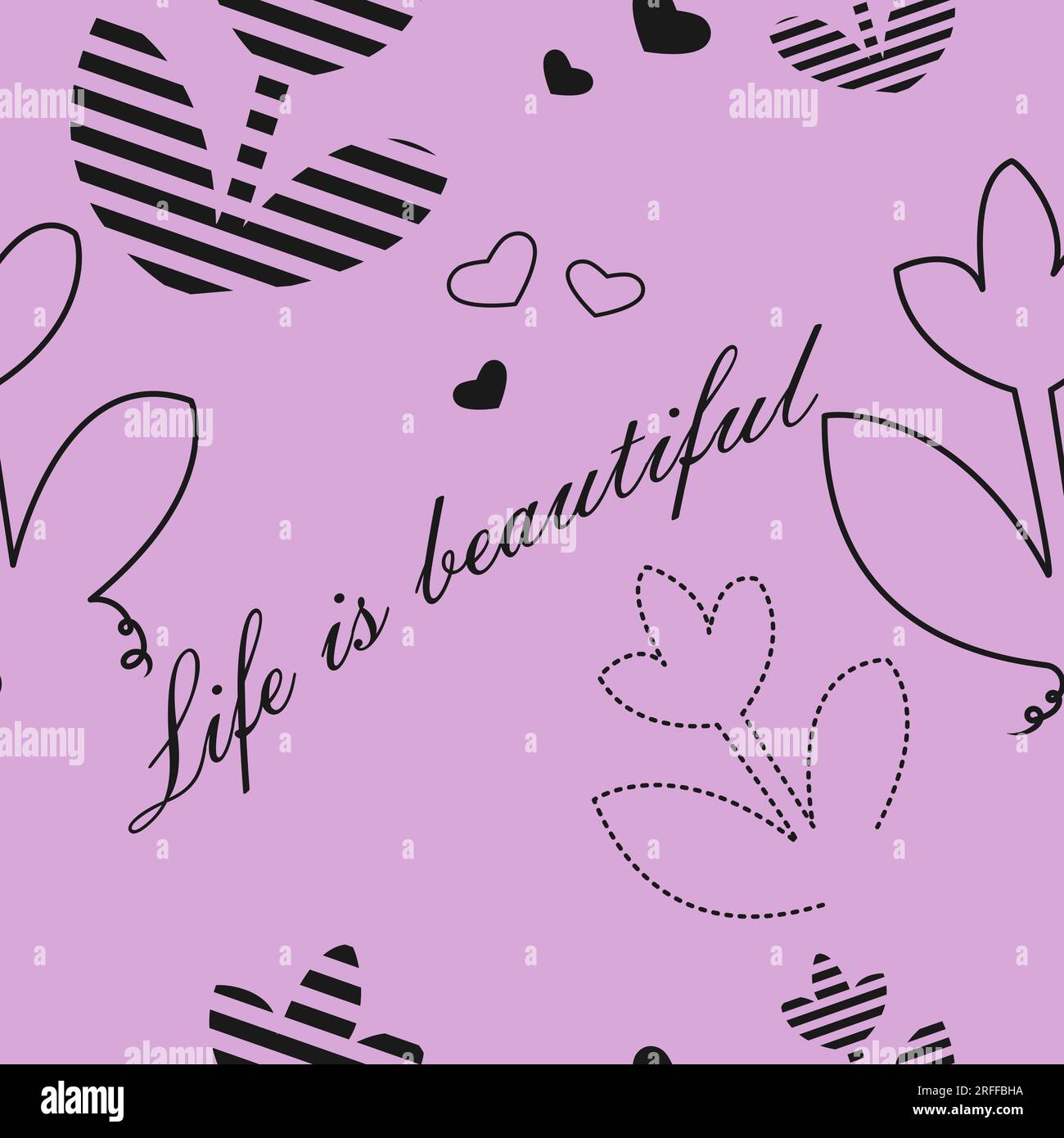 Nahtloses Muster mit der Aufschrift „Life is Beautiful“. Nahtlose Tapete mit Blumen, Herzen auf lila Hintergrund. Muster für Textilien, Geschenke, Stockfoto