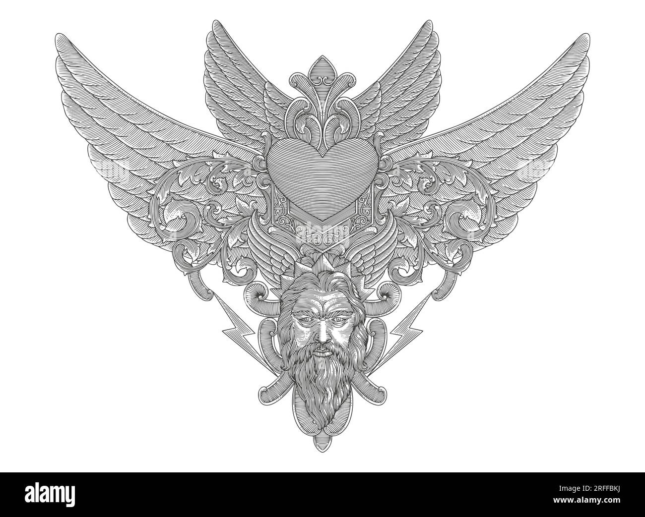 Herz mit Flügeln, zeus- und Blumenverzierung, Gravurstil im Vintage-Stil, Vektorzeichnung im antiken Design Stock Vektor