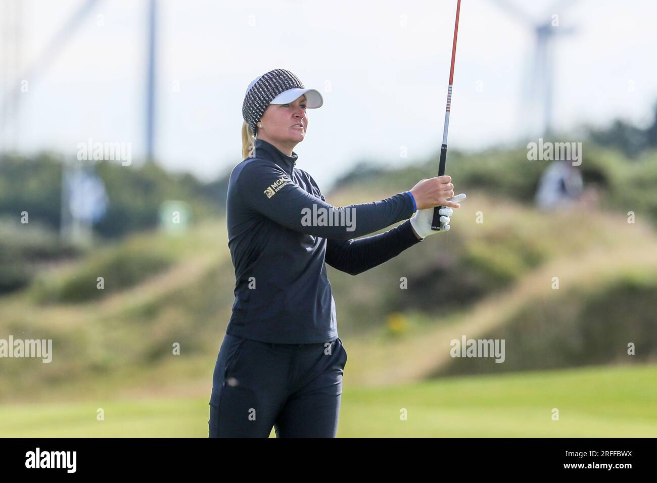 Irvine, Großbritannien. 03. Aug. 2023. An einem Tag 1 des Women's Scottish Open Golfturniers begann ein internationales Feld mit 145 Teilnehmern auf dem Dundonald Links Golf Course in der Nähe von Irvine, Ayrshire Scotland, Großbritannien. Der Wettkampf, über 4 Tage, ist für eine Geldbörse von $2.000.000 und der Schnitt nach der zweiten Runde ist für die Top 65 und Unentschieden. anna Nordqvist auf dem Fairway 5. Kredit: Findlay/Alamy Live News Stockfoto