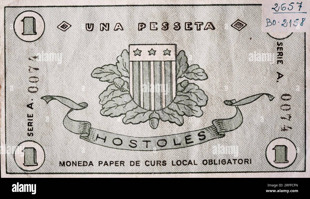 1 Peseten. Billete, ajuntament d'Hostoles, 1937. Museu Nacional d'Art de Catalunya MNAC. Stockfoto