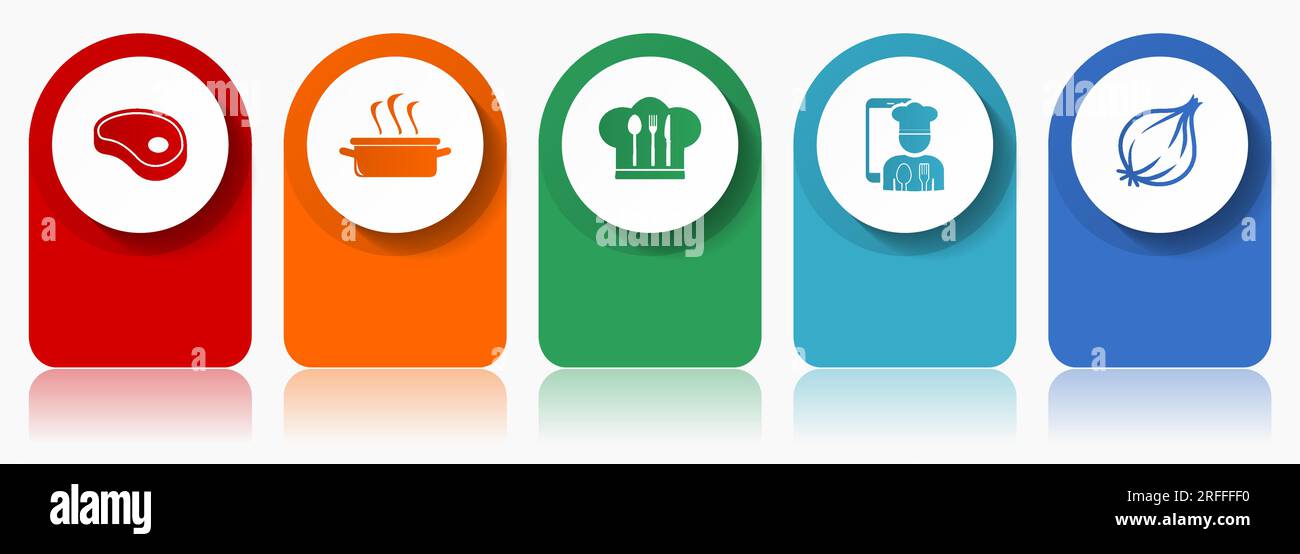 Symbolset für Lebensmittel, verschiedene Vektorsymbole wie Steak, Topf, Hut und Zwiebeln, Infografik-Vorlage mit modernem Design, Web-Schaltflächen in 5 Farboptionen Stock Vektor