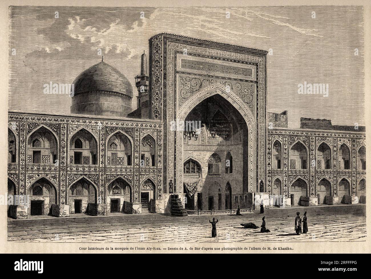 Cour interieure de la mosquee de l'imam Aly Riza Meched, dessin de A. de Bar, pour Illustrator le voyage dans le Khorassan (Khorasan, Chorasan ou Khurasan) en 1858, de N.de Khanikof. Gravure in „Le Tour du Monde“ 1861. Stockfoto