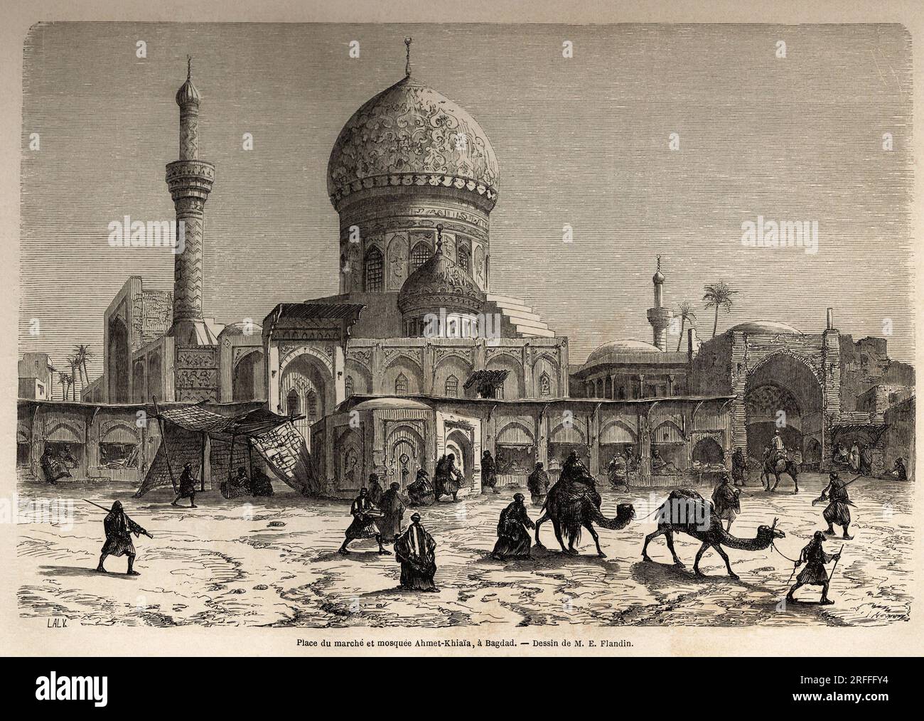 La Place du marche et la Mosquee Ahmet Khiaia, a Bagdad, dessin de Eugene Flandin (1809-1876), pour Illustrator son voyage en Mesopotamie, en 1840-1842. Gravure in „Le Tour du Monde“ 1861. Stockfoto