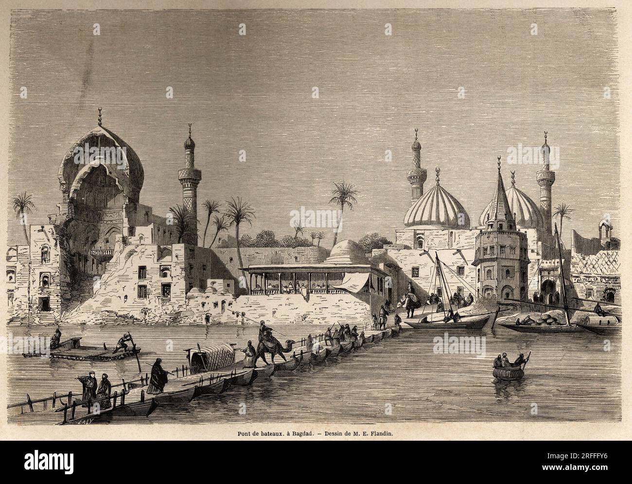 UN pont de Bateau, A Bagdad, dessin de Eugene Flandin (1809-1876), pour Illustrator son voyage en Mesopotamie, en 1840-1842. Gravure in „Le Tour du Monde“ 1861. Stockfoto