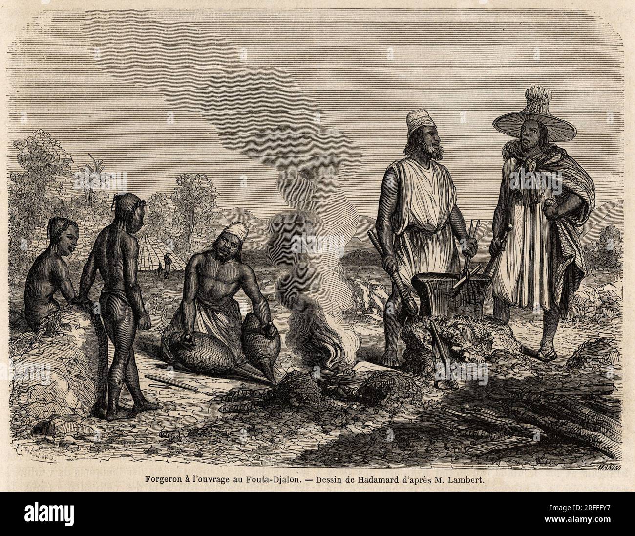 Forgeron a l'ouvrage au Fouta Djalon, (Senegal), dessin de Hadamard, pour Illustrator le voyage dans le Fouta Djalon, en 1860, du Lieutenant Lambert Gravure in „Le Tour du Monde“ 1861. Stockfoto