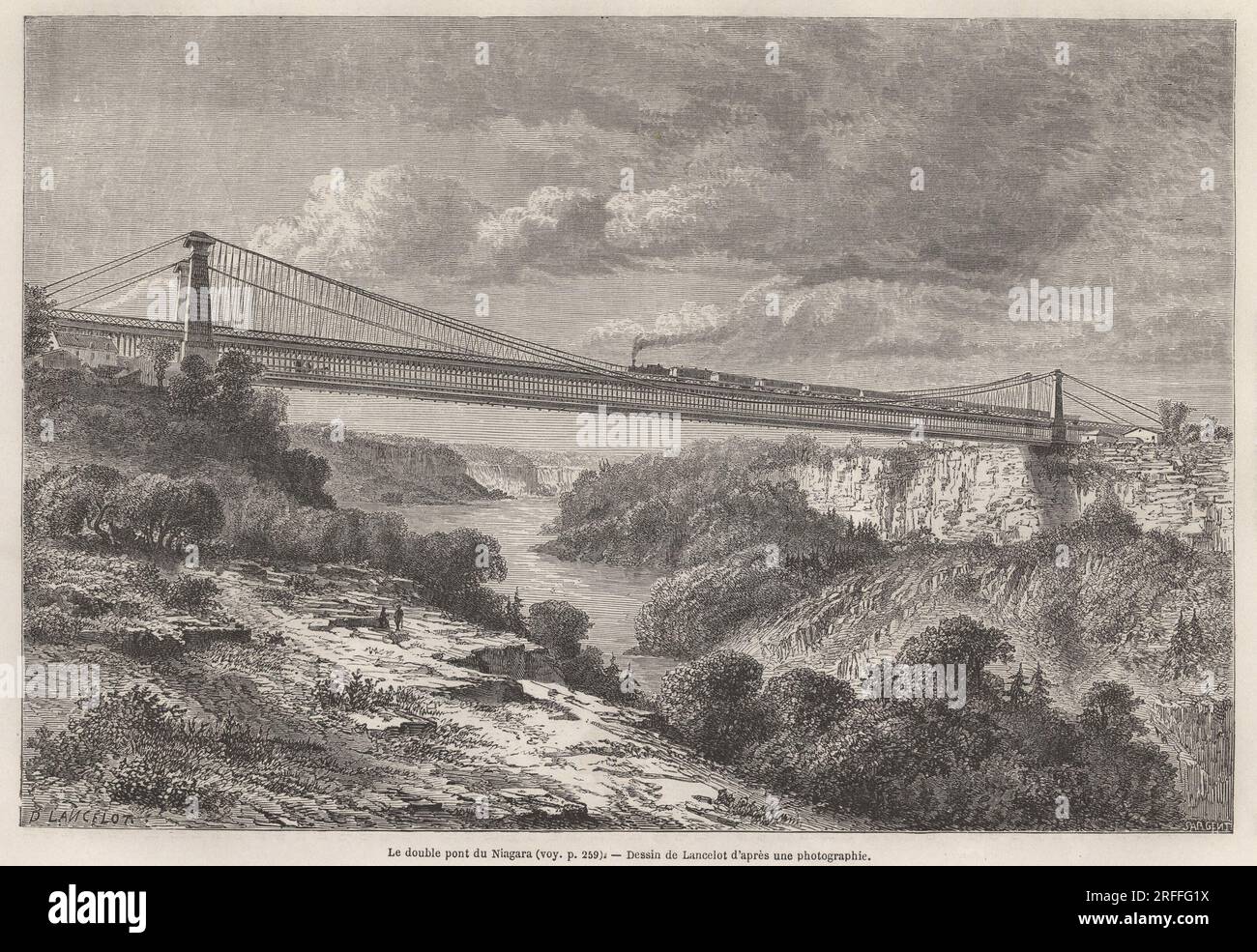 Le double pont du Niagara, dessin de Lancelot, pour Illustrator les voyages dans l'Amerique septentrionale en 1854-1855, de L. Deville. Gravure in „Le Tour du Monde“ 1861. Stockfoto
