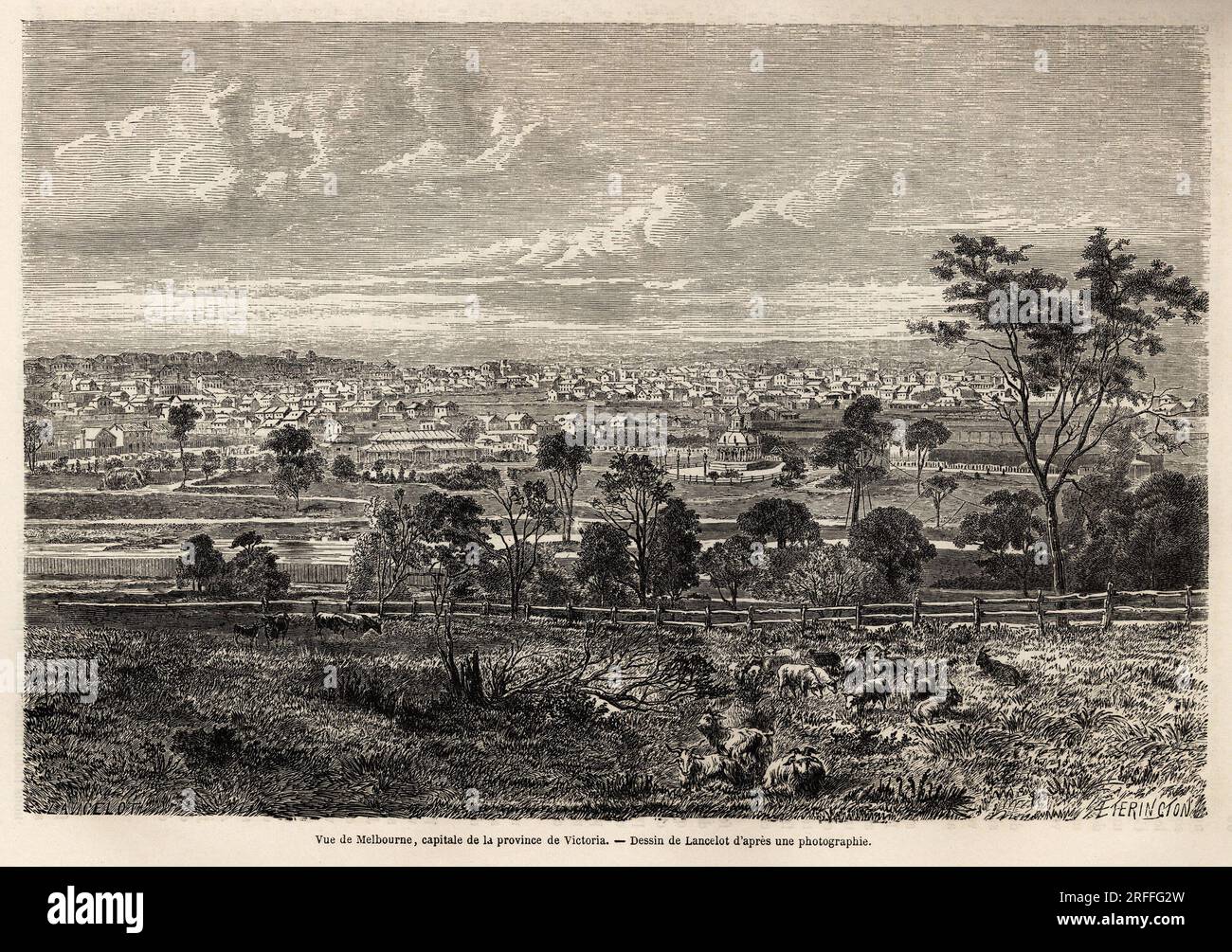 Vue de Melbourne (Australie), Dessin de Lancelot, Gießen Illustrator les Souvenirs d'un Squatter francais en Australie, en 1854-1859, de M. de Castella. Gravure in „Le Tour du Monde“ 1861. Stockfoto