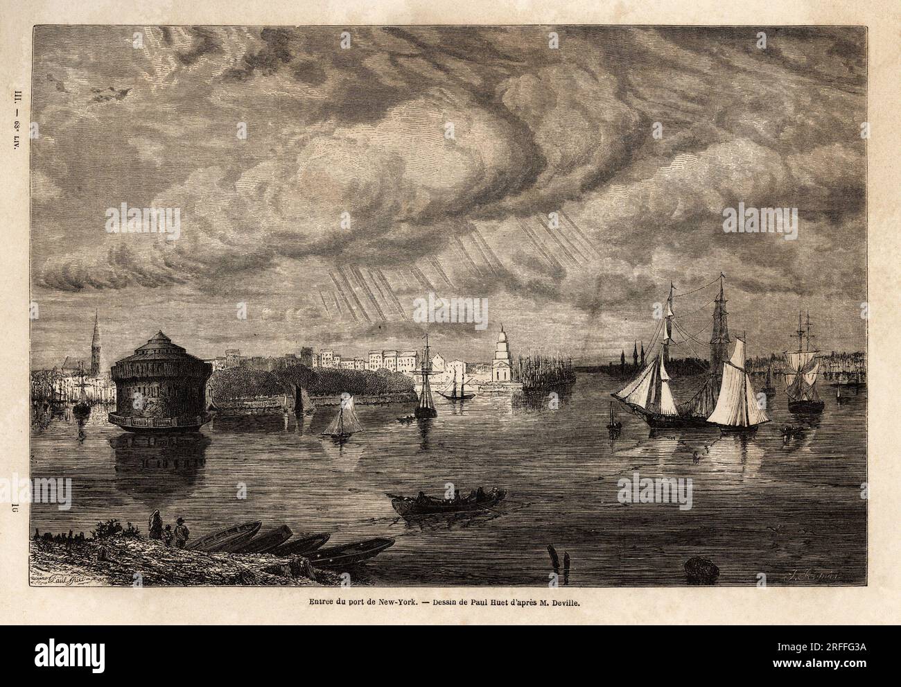 L'entree du Port de New York, dessin de Paul Huet (1803-1869), pour Illustrator les voyages dans l'Amerique septentrionale en 1854-1855, de L. Deville. Gravure in „Le Tour du Monde“ 1861. Stockfoto