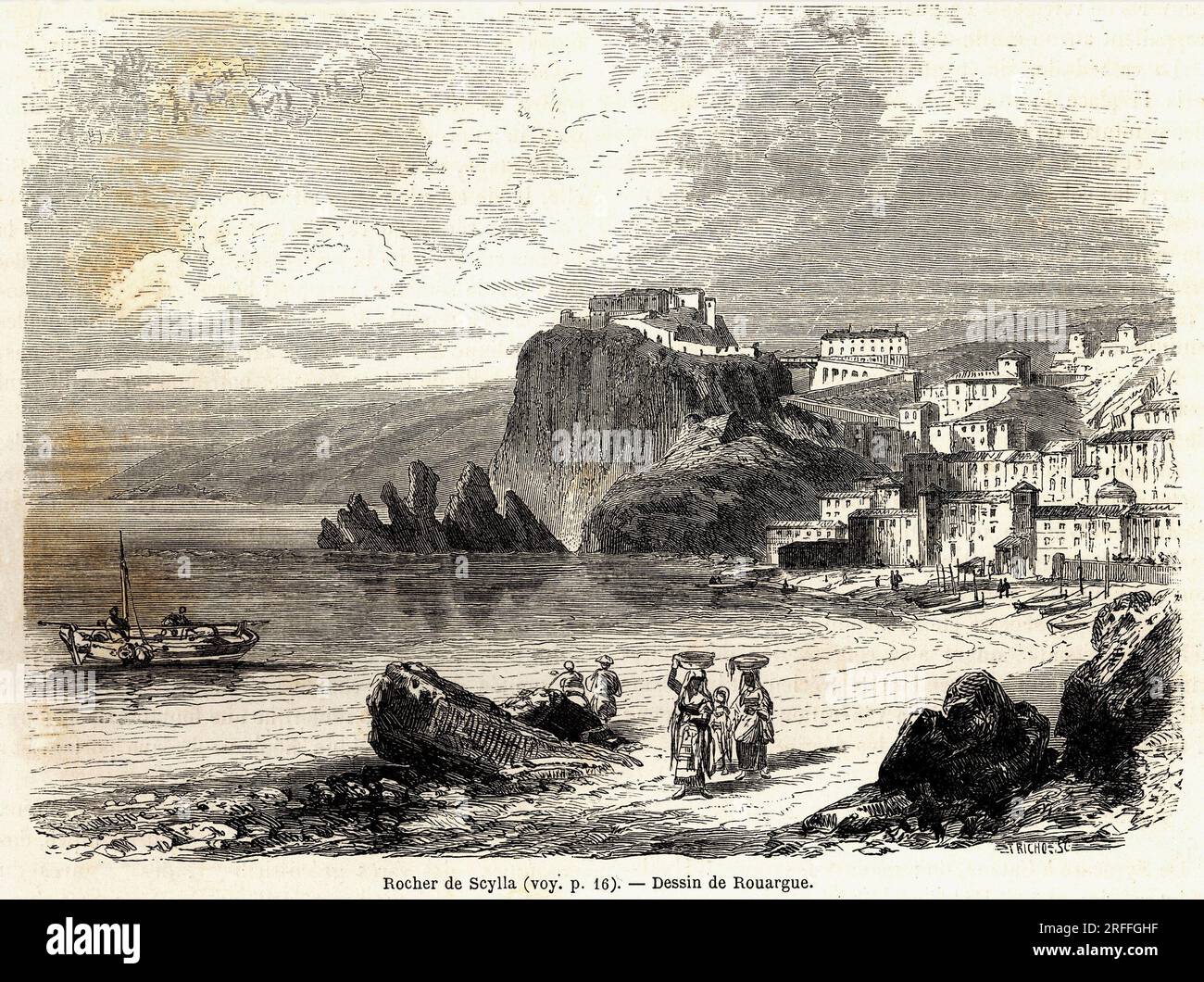 Le Rocher de Scylla, Pres du gouffre de Messine, Dessin de Adolphe Rouargue (1810-187?) Et Emile Rouargue (vers 1795-1865) pour Illustrator le voyage en Sicile, en 1843, de Felix Bourquelot (1815-1868). Gravure in „Le Tour du Monde, Nouveau Journal des Voyages“ Paris, 1860. Stockfoto