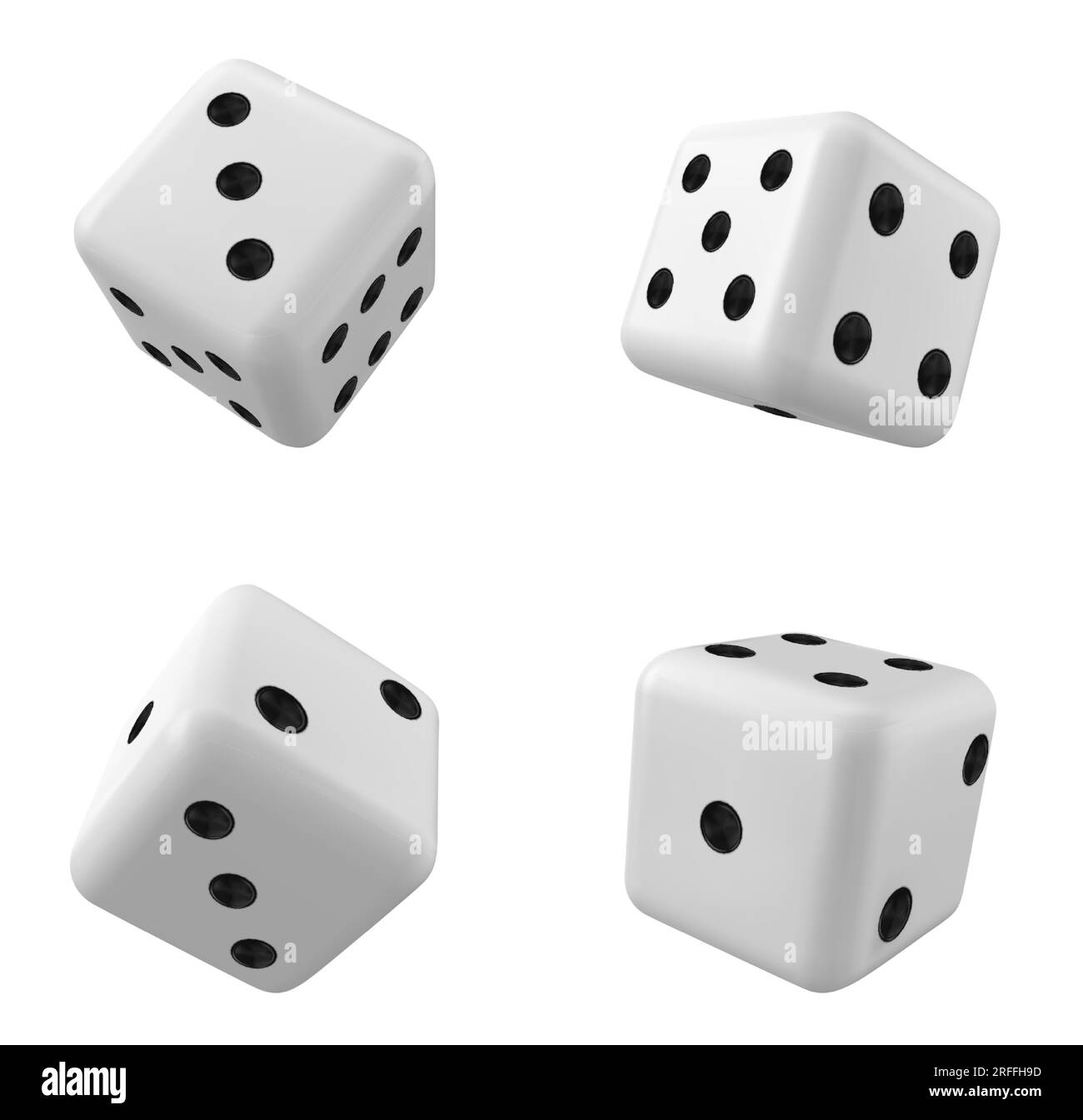 3D isolierte, realistische Würfel in Weiß für das Casino-Spiel-Vektorsymbol. Backgammon-Glückswürfelrolle mit 1, 6 oder zwei Punkten. Zufallsdrehung mit „Square Luck“ für Poker-Entertainment-Illustration Stock Vektor