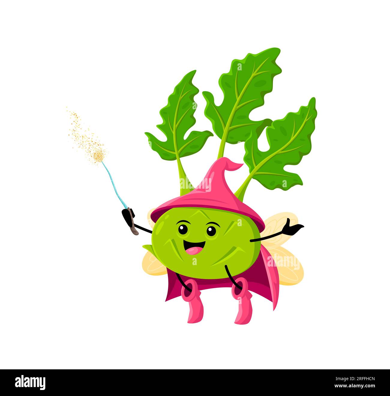 Cartoon Halloween-Feen-Kohlrabi-Gemüsefigur. Isolierte magische Vektorveggien. Fliegende Zauberin mit außergewöhnlichen Kräften und abil Stock Vektor