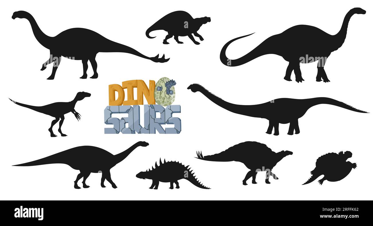 Cartoon-Dinosaurier-Silhouetten prähistorischer Monster. Vektor-Dino-Tierset, wuerhosaurus, Shunosaurus, Eoraptor und Henodus. Apatosaurus, Polacanth Stock Vektor